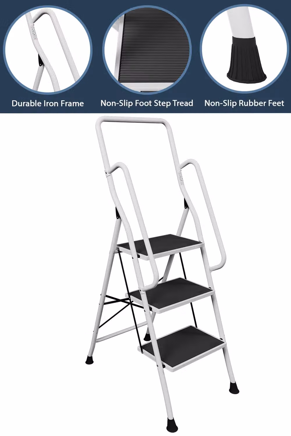 Home Discount Vida 3 Step Folding Ladder with Handrail and Anti-Slip Mat in White – 4