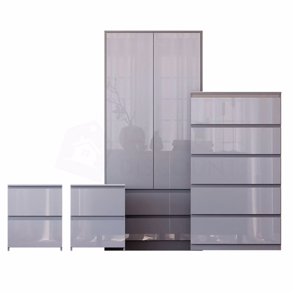 Vida Designs Glinton 4-Piece Modern Glossy Grey Bedroom Set including Wardrobe, 5-Drawer Chest and 2 Nightstands – 2
