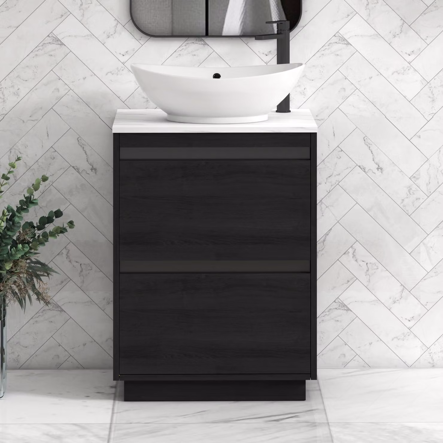 Royal Bathrooms Orion 600mm Hale Black Floor Standing Vanity Unit with Amaze Basin and Carrara White Countertop, Width: 60 cm