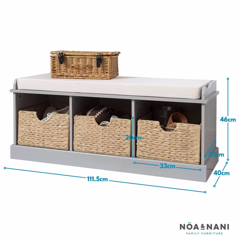 Nöa and Nani Stockholm Storage Bench with 3 Brown Rattan Baskets in Silk Grey – 4
