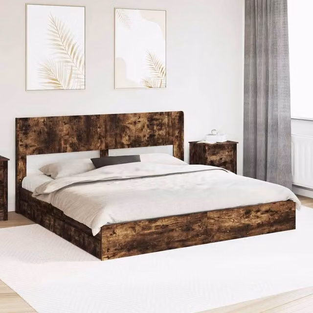 Berkfield Home Modern Bed Frame with Headboard and Side Compartment Storage, Smoked Oak, Brown, W/D/H: 180 x 200 cm – 1