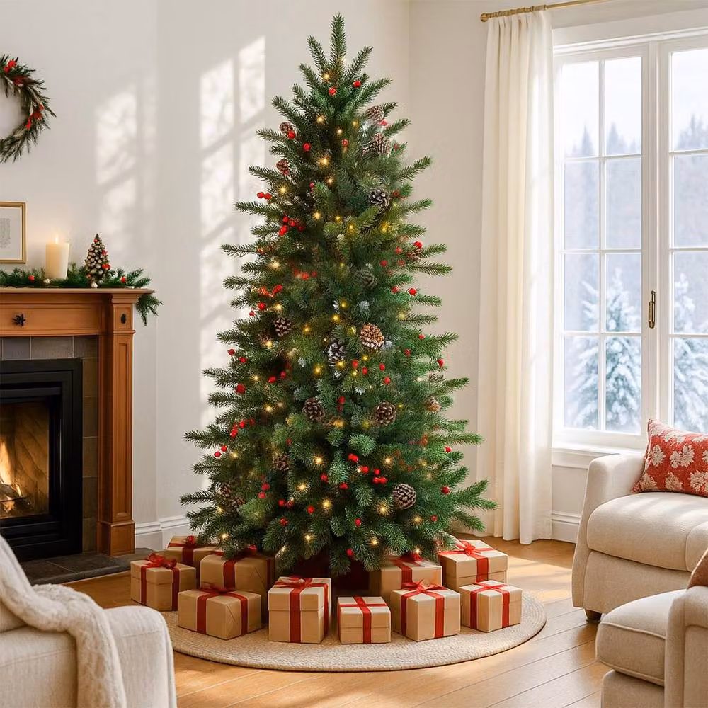 Home Republic Artificial Emerald Green Christmas Tree with Warm White LED Lights and Red Berries, Height: 150 cm, Width: 15 cm – 2