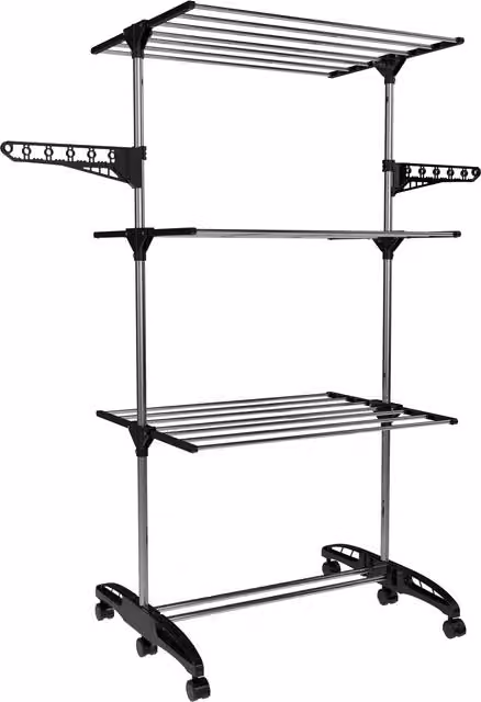 Hyfive 3 Tier Portable Clothes Drying Rack with Wheels, Black, H 136 x W 60 x D 20 cm