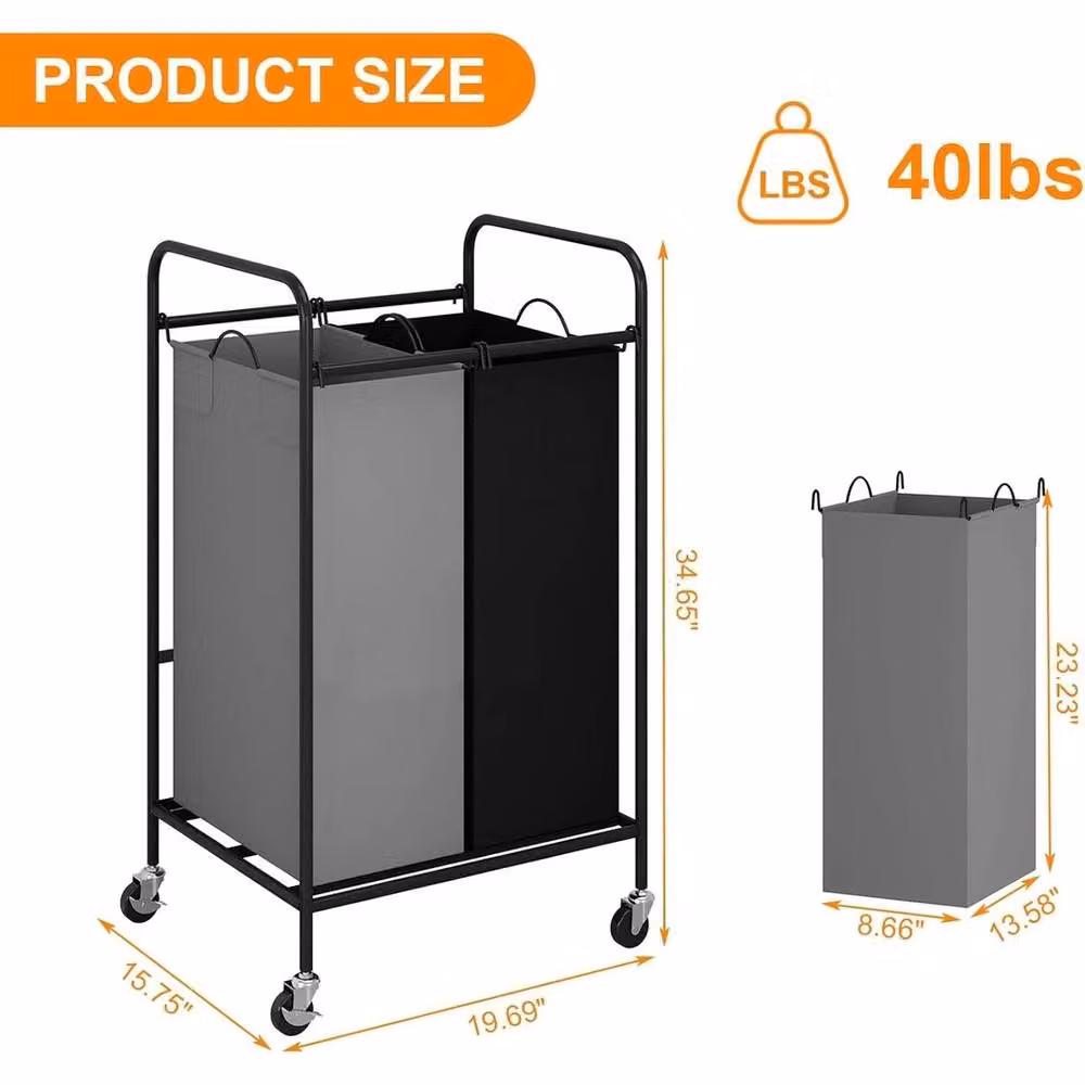 VOGREX 2 Section Laundry Sorter Cart with Removable Fabric Bags, 80L, Black – 2