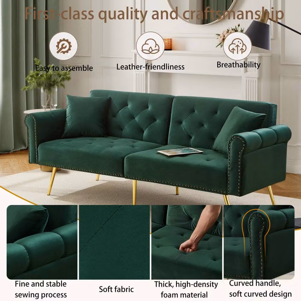 Merax Two Seater Green Velvet Sofa Bed with Adjustable Headrest and Scatter Cushions, W/D/H: 177 x 74 x 71 cm – 6
