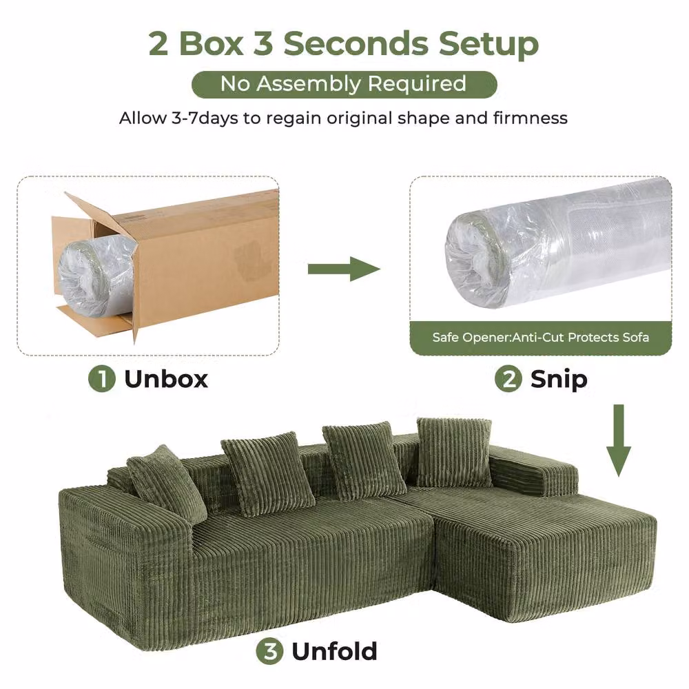 Dprodo 261 cm Modular Right L-Shaped 4 Seater Sectional Sofa in Green Velvet Cord Fabric – 4