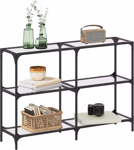 Berkfield Home Modern Console Table with Transparent Glass Top and Black Steel Frame, W: 118.5 cm, D: 30 cm, H: 81 cm
