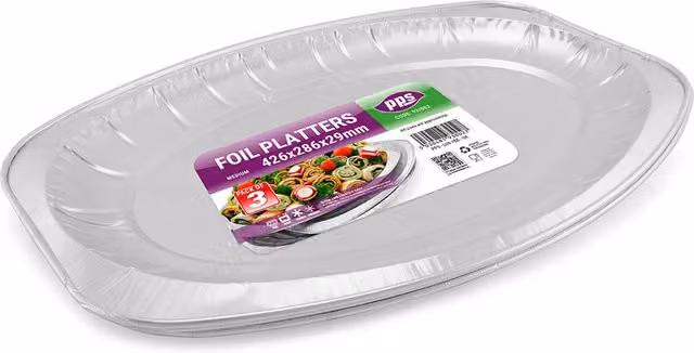 PPS 3 Pack Silver Aluminium Foil Catering Serving Platters, W: 44 cm, D: 29 cm
