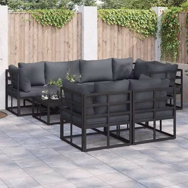 Berkfield Home 7 Piece Modern Garden Sofa Set with Grey Upholstered Cushions and Black Powder Coated Aluminium Frame – 1
