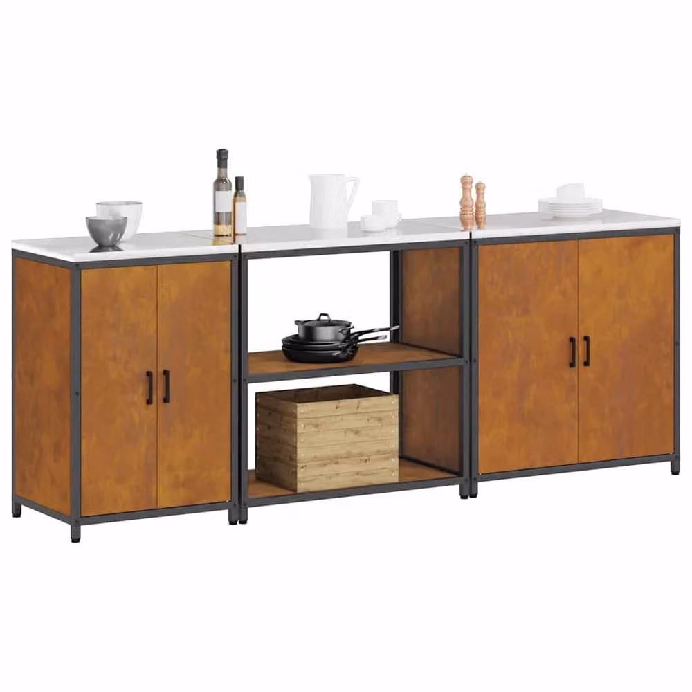 Berkfield Home 3-Piece Industrial Metal Kitchen Storage Set in Brown with Hinged Doors and Open Shelves – 3