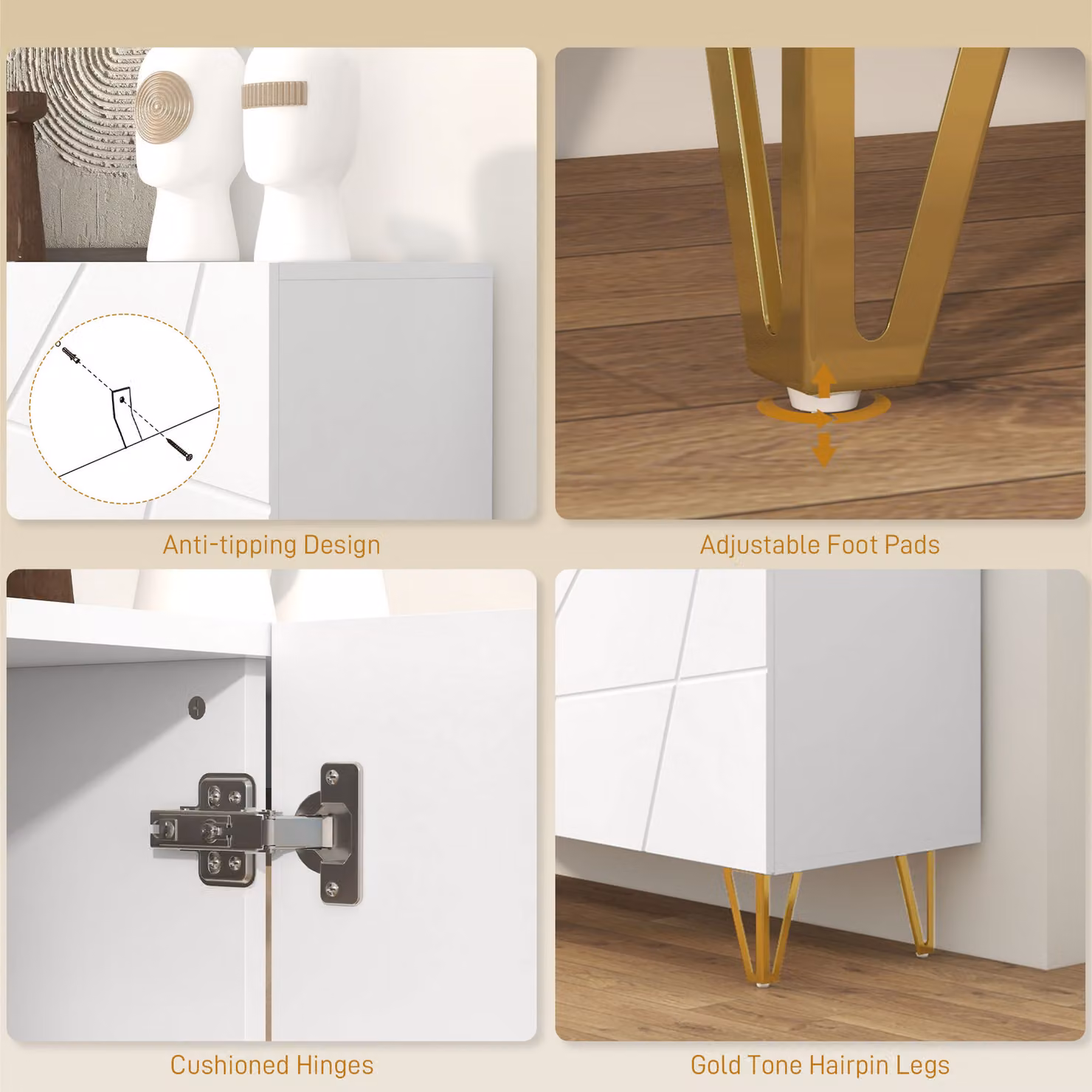 HOMCOM White High Gloss Storage Cabinet with Adjustable Shelves and Gold Tone Hairpin Legs – 5