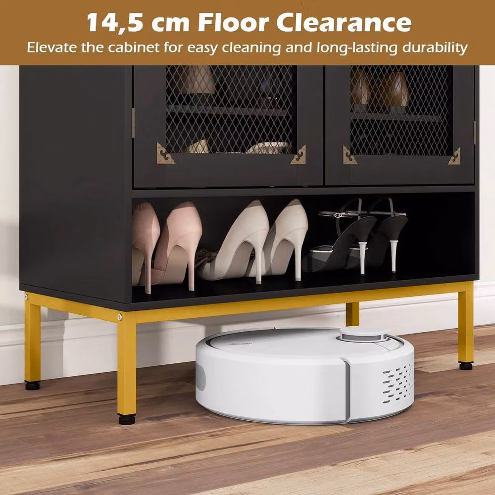 VOGREX Modern 5-Tier Wooden Shoe Storage Organiser with Glass Doors in Black – 3