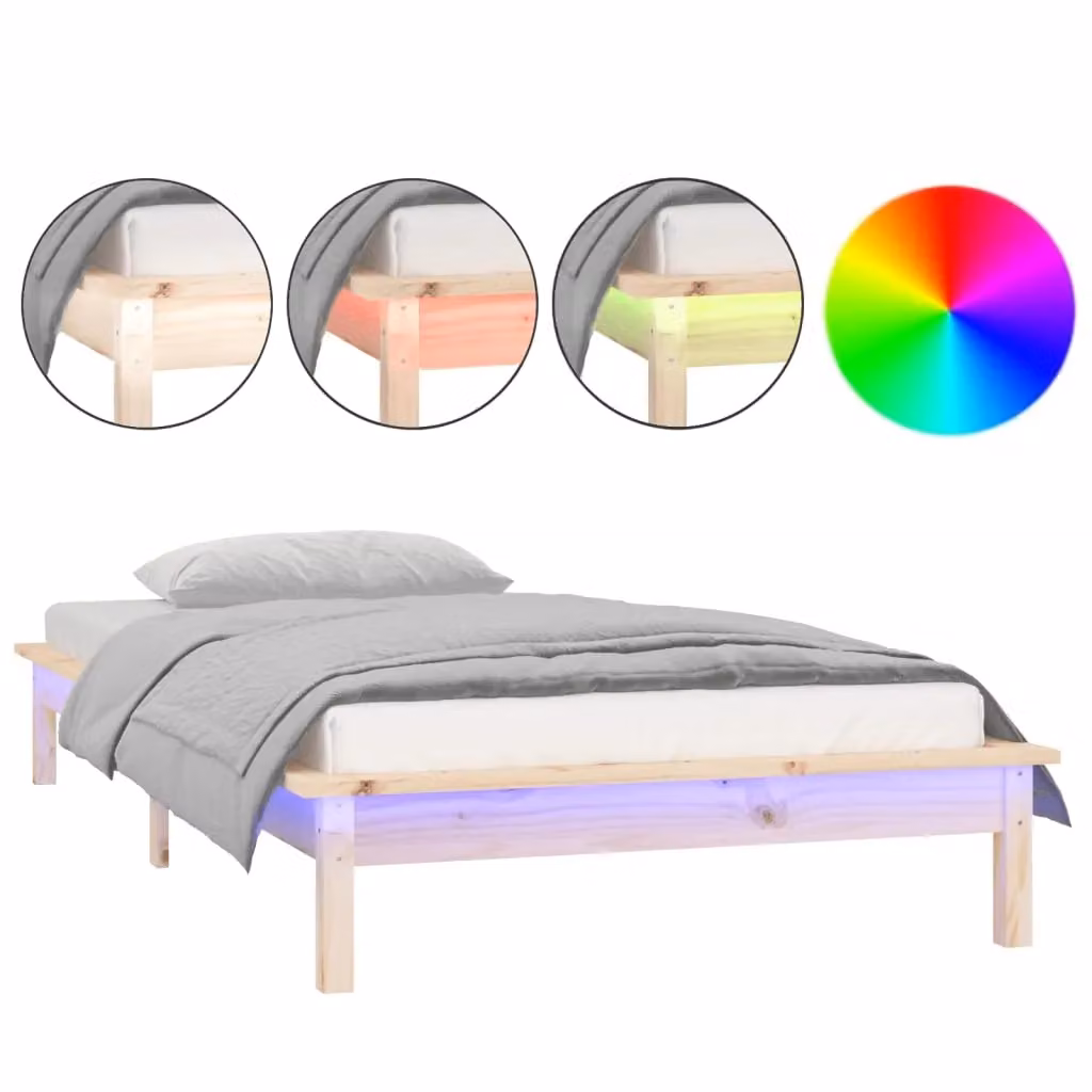 Berkfield Home Small Single Solid Wood LED Bed Frame with USB Charging Port, Brown, W: 75 cm, L: 190 cm – 2