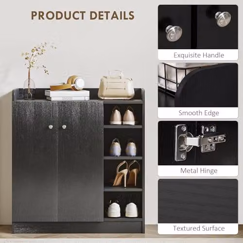 HOMCOM Black Shoe Storage Cabinet with Hinged Doors and Adjustable Internal Shelves – 4