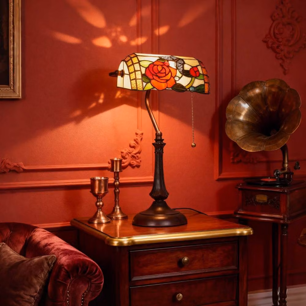 Wyld Haus Tiffany Style Rose and Butterfly Table Lamp with Bronze Tone Base and Multicolour Glass – 8