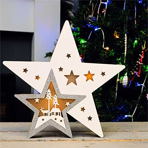 Netagon Battery Powered Light Up Wooden Christmas Star in Silver and White