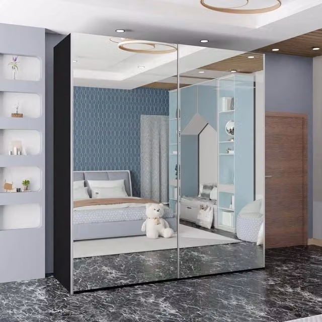 Sliding Wardrobes 4U Full Mirror Double or Triple Mirror Sliding Wardrobe in Black, W: 200 cm, H: 217 cm