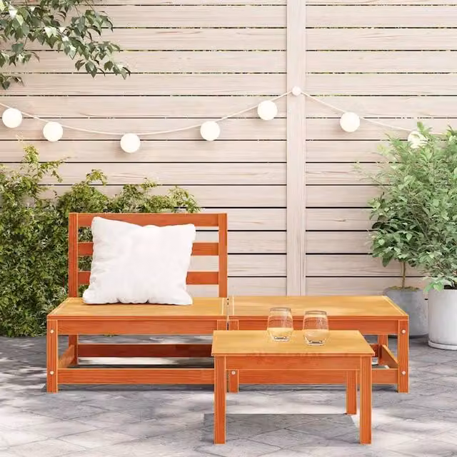 Berkfield Home Armless Garden Sofa and Matching Ottoman in Waxed Brown Solid Pine Wood – 1