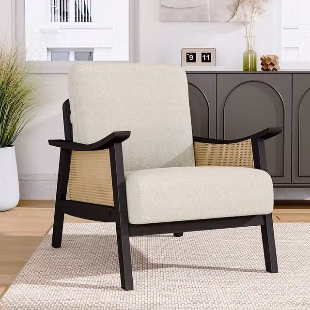 Livingandhome Rustic Hardwood Armchair with Fabric Cushion and Rattan Details in Black and White