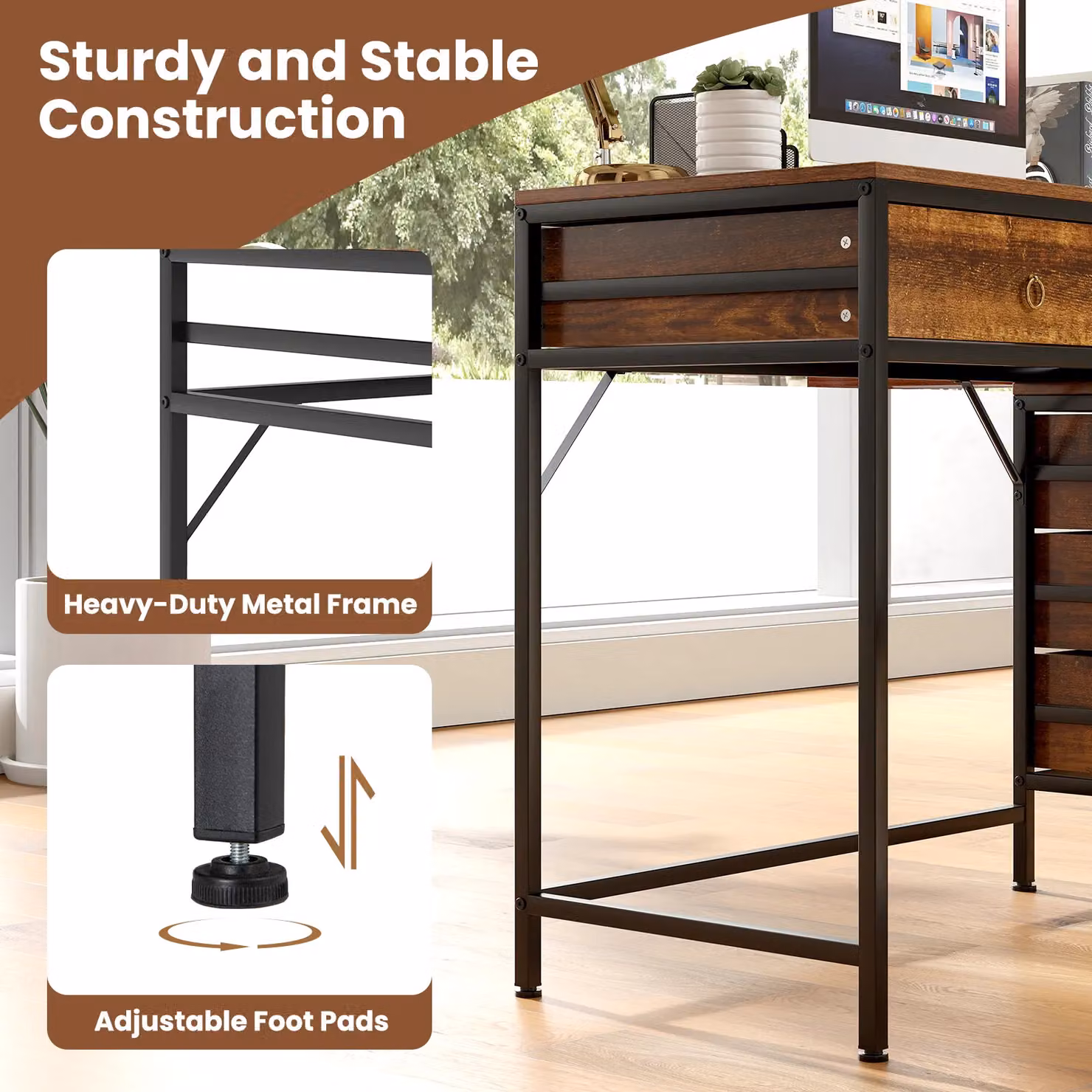 Costway Home Office Computer Desk with Side File Cabinet and 5 Drawers in Brown and Black – 6