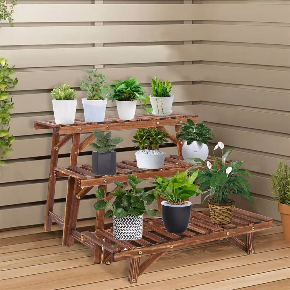 NESTLUNE 3 Tier Solid Pine Wood Ladder Plant Stand in Brown, W: 80 cm x H: 100 cm – 4