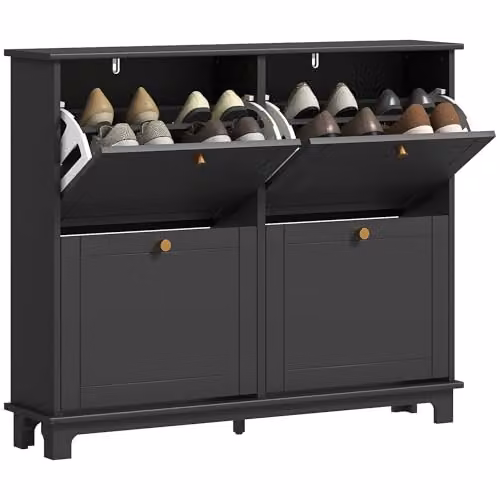 HOMCOM Modern Narrow Shoe Storage Cabinet with Tilting Compartments and Internal Shelves, Black and Gold – 1