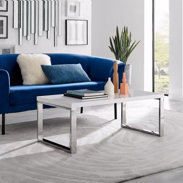 Furniturebox Tuscany Rectangular Glass Coffee Table with Chrome Legs, White, W/D/H: 110 x 60 x 42 cm
