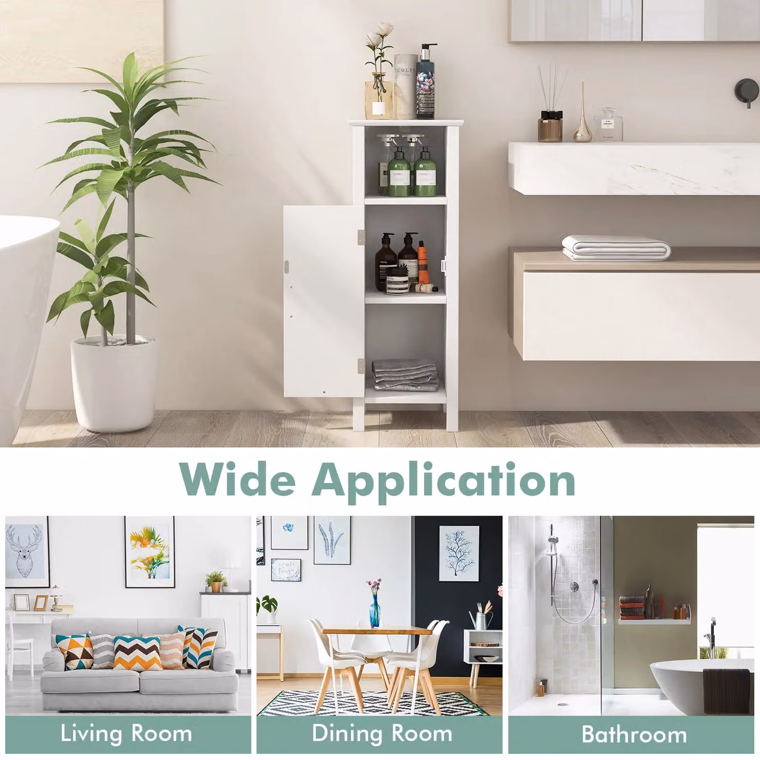 Gymax White Freestanding Bathroom Floor Cabinet with Single Hinged Door, Open Shelf and Adjustable Internal Shelving – 2