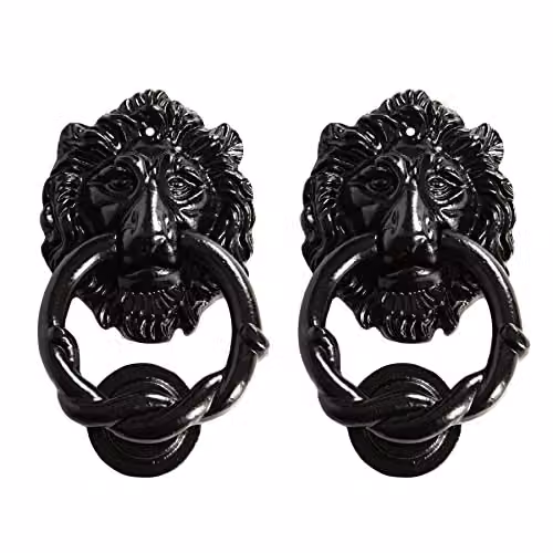 Hammer and Tongs Lion Head Door Knocker in Matt Black Iron, Pack of 2 – 2