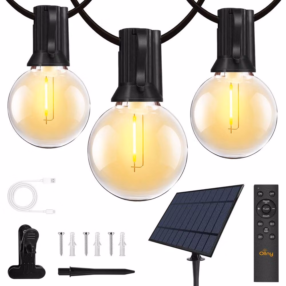 Ollny Solar USB String Lights with Remote Control, 10m Black G40 Bulbs, IP45 Warm White Sphere Lights with 3 Modes – 2