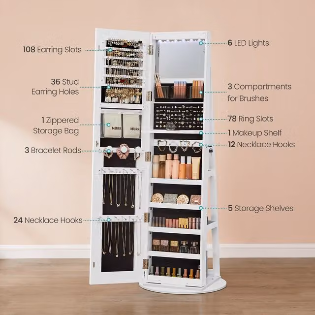 SONGMICS Jewellery Cabinet with Full-Length Mirror, Integrated LED Lights and Lock, White