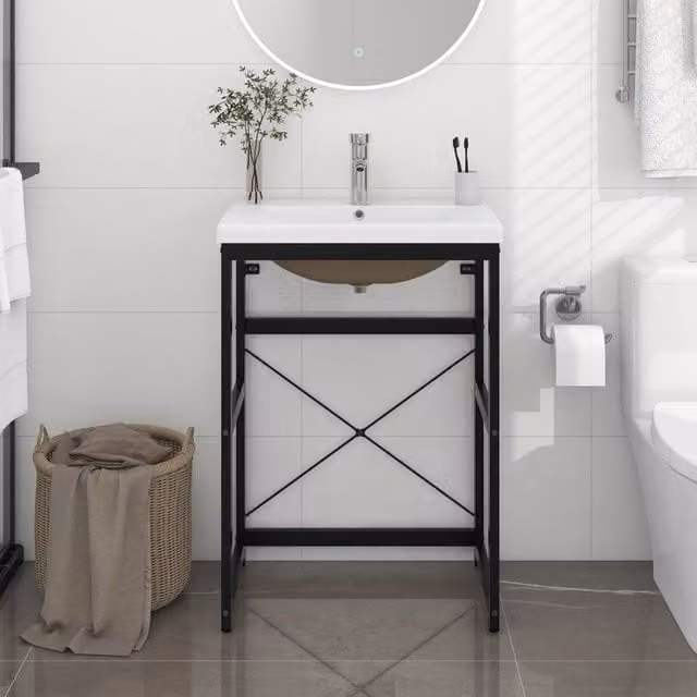 Berkfield Home Modern Bathroom Washbasin Frame with Built-in Ceramic Basin in Matt Black Metal – 1