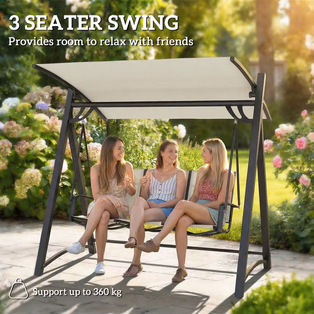 STILVORA 3 Seater Swing Chair with Adjustable UV-Resistant Canopy in Beige – 6