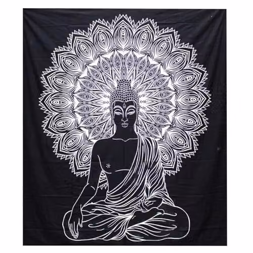 KDMD Buddha Double Cotton Bedspread and Wall Hanging Set in Black and White