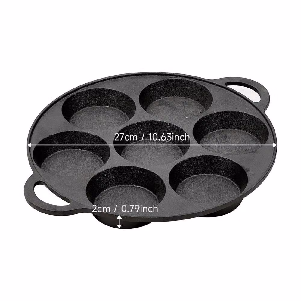 EONLION Black Cast Iron 7 Hole Mini Pancake and Crepe Pan with Double Handles, Diameter: 27 cm – 2