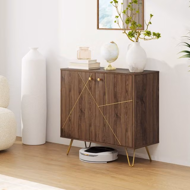 HOMCOM Brown Sideboard Cabinet with Gold Metal Geometric Accents and Adjustable Shelf