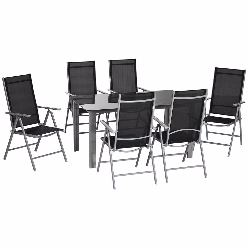 STILVORA 7 Piece Modern Garden Dining Set with Reclining Chairs and Black Glass Top Table – 2