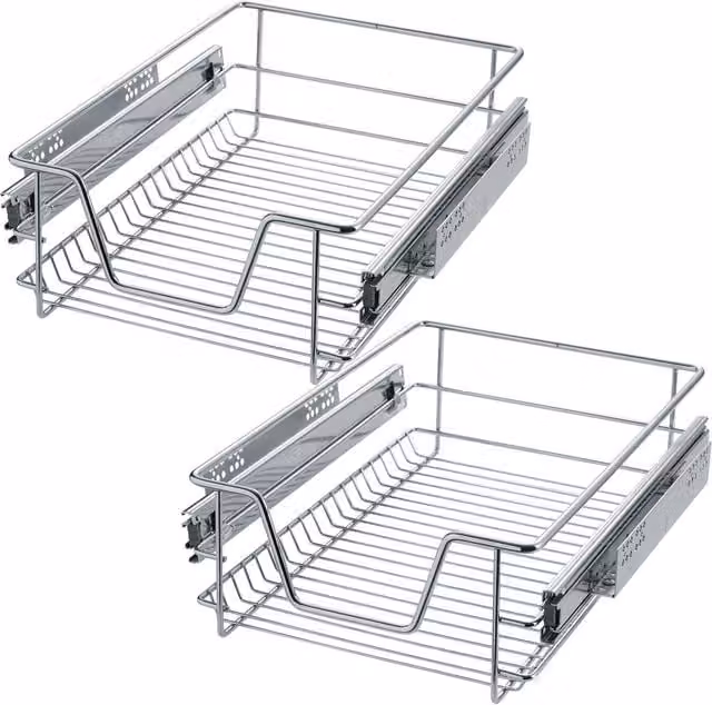 TECTAKE 2 Grey Metal Sliding Wire Baskets with Drawer Slides, Width: 40 cm