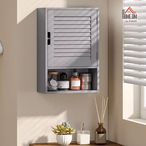 HOMCOM Modern Grey Wall Mounted Bathroom Cabinet with Roll Shutter and Internal Shelves W: 40 cm, D: 20 cm, H: 60 cm – 2