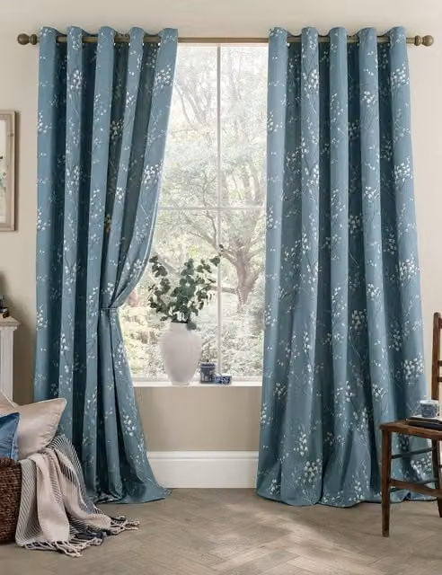 Laura Ashley Blue Floral Pussy Willow Cotton Eyelet Curtains, H: 229 cm x W: 168 cm