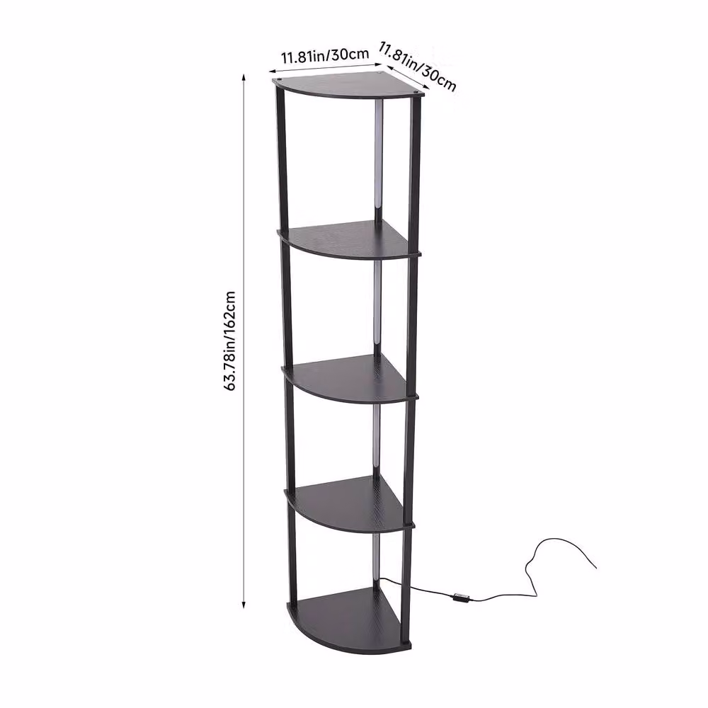 Living and Home 5-Tier Black Corner Shelf LED Floor Lamp with Wood and Metal Storage Display Rack – 5