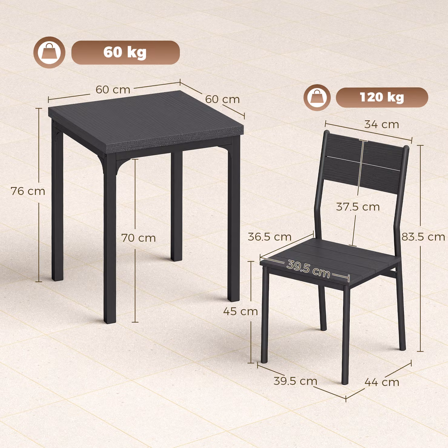 HOMCOM 3 Piece Modern Kitchen Dining Table and Chairs Set in Black Wood Effect with Metal Legs – 3