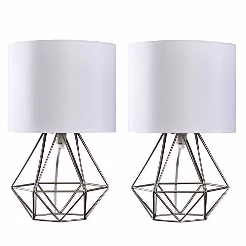 MiniSun Set of 2 Modern Brushed Chrome Metal Basket Cage Bedside Table Lamps with White Fabric Shades