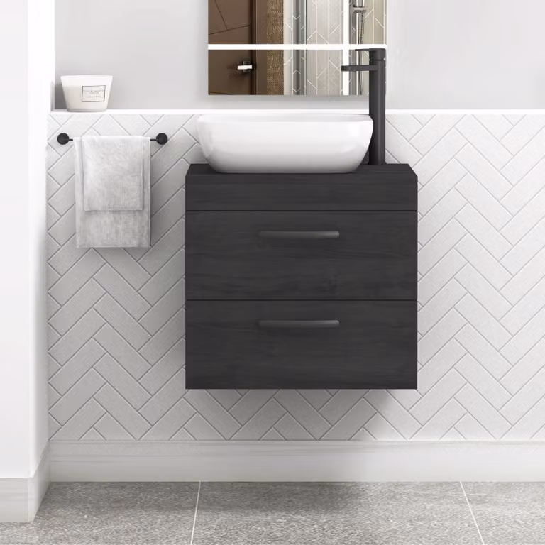 Royal Bathrooms Hale Black Wall Hung 2 Drawer Vanity Unit with Elva Countertop Basin and Matt Black Handles, Width: 60 cm