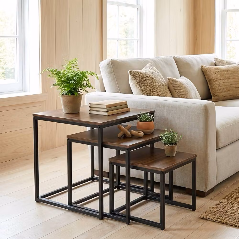 Alivio 3-Piece Industrial Nesting Coffee Table Set with Wood Tops and Black Metal Sled Base, Brown – 3