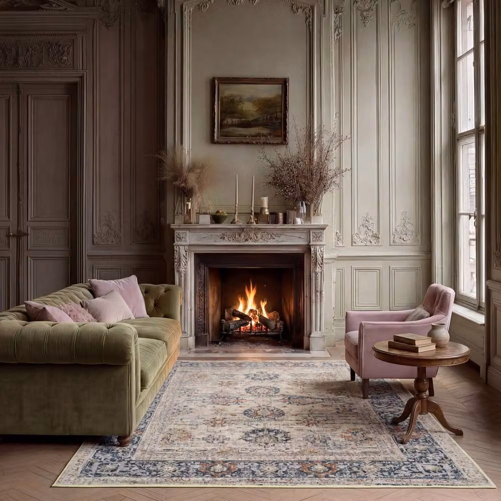 Kukoon Blue Cream Floral Washable Traditional Living Room Rug, W: 280 cm, D: 380 cm – 2