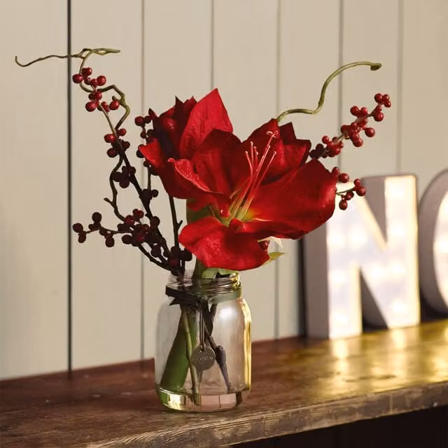 Bloom Red and Green Artificial Amaryllis and Berry Christmas Tabletop Floral Arrangement in a Glass Vase