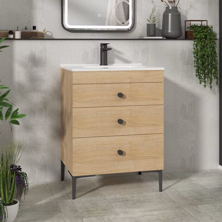 Royal Bathrooms Verona 600mm Natural Oak Floor Standing 3 Drawer Vanity Unit with Ceramic Basin and Matt Black Knob