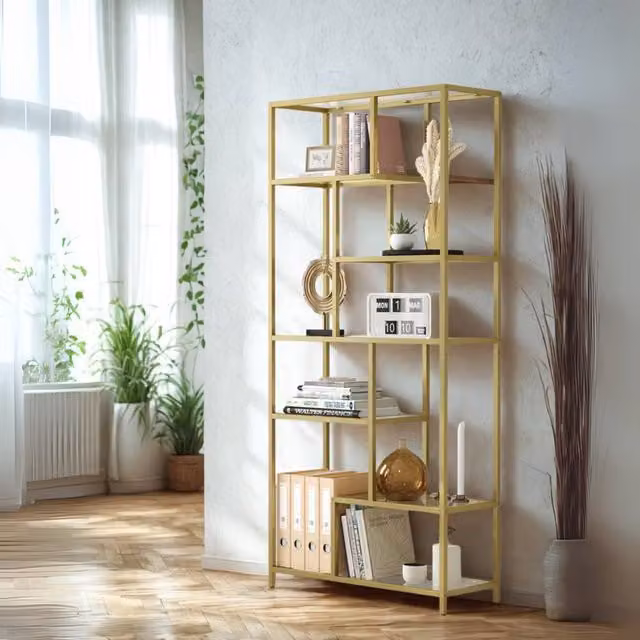 Pirlo Plush 6 Tier Gold Tempered Glass and Metal Shelving Unit H 180 x W 30 x D 30 cm