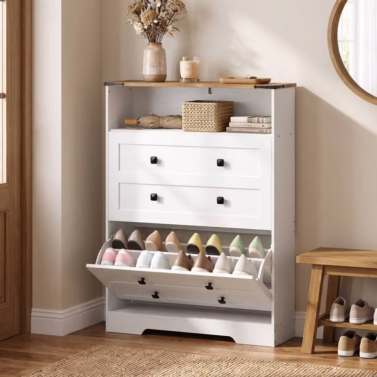 STILVORA White Rustic Shoe Cabinet with Tilting Compartments and Open Shelf